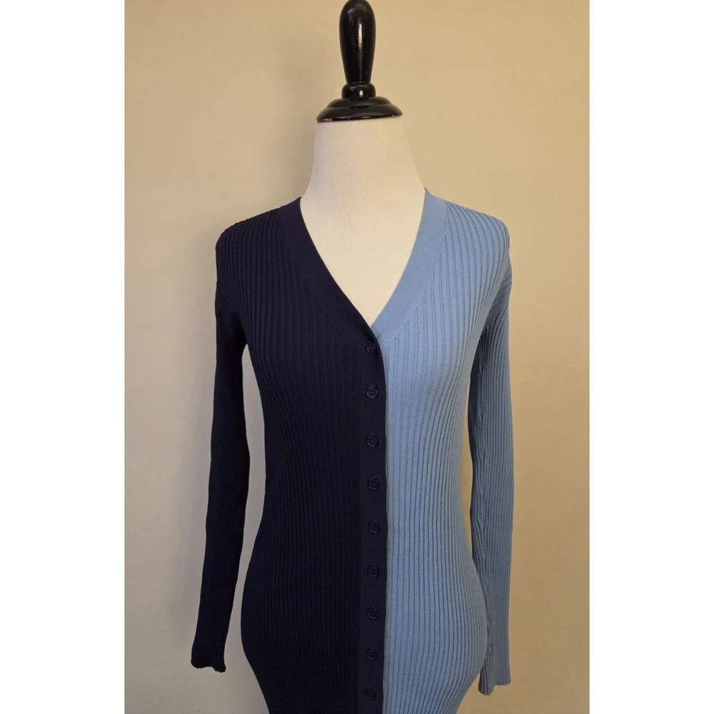STAUD Shoko Navy Lt Blue Colorblock Ribbed Knit Buttondown Midi Sweater Dress S - Picture 3 of 12